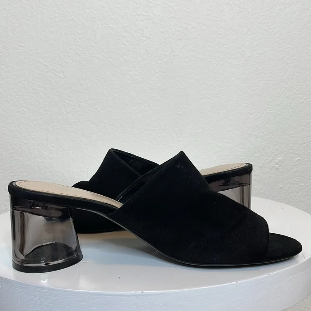 ZARA BLACK FAUX SUEDE SLIDE SANDALS LUCITE ROUND HEEL OPEN TOE MINIMALIST MULES - Picture 8 of 14